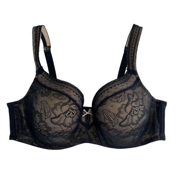 Cacique Black Lace Full Coverage Bra 38D Underwire Excellent - Picture 1 of 3